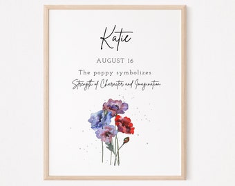 Impresión de flores personalizada para el nacimiento de agosto: Arte mural con nombre personalizado (descarga digital)