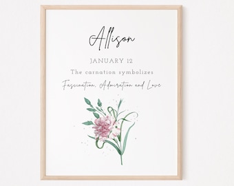 Personalized Birth Flower Print, January Birth Flower Wall Art, Custom Art for Girl, Name Digital Print, Printable Birth Month Flower Art