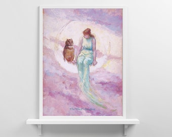 Vintage Hexentochter Kunstdruck: Frau im Mond mit Eule (Digitaler Download)