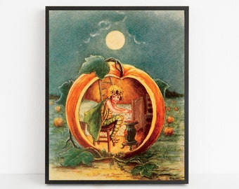 May include: A vintage illustration of a fairy sitting inside a hollowed-out pumpkin, with a small stove and a bed inside. The pumpkin is surrounded by other pumpkins and green leaves, and the scene is lit by a full moon in the night sky.