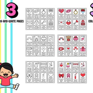 May include: A colorful educational resource with the text "3 Black-and-White Pages" and "3 Color Pages". The image features a child illustration and several cards with Valentine's Day themed activities.