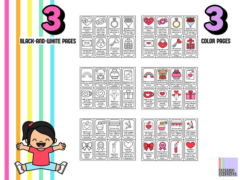 May include: A colorful educational resource with the text "3 Black-and-White Pages" and "3 Color Pages". The image features a child illustration and several cards with Valentine's Day themed activities.