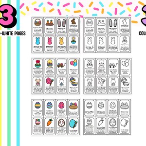 May include: A set of Easter-themed activity cards, featuring both black-and-white and color pages. The cards include illustrations of Easter eggs, bunnies, and other related imagery, with instructions for various activities.