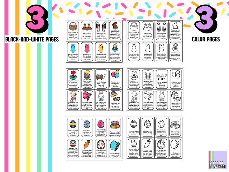 May include: A set of Easter-themed activity cards, featuring both black-and-white and color pages. The cards include illustrations of Easter eggs, bunnies, and other related imagery, with instructions for various activities.