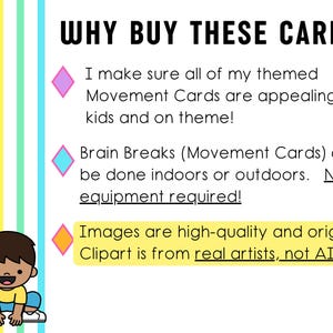 May include: A colorful graphic with the text "WHY BUY THESE CARDS?" and bullet points about movement cards. The image includes a cartoon child and the text "Images are high-quality and original! Clipart is from real artists, not AI!"