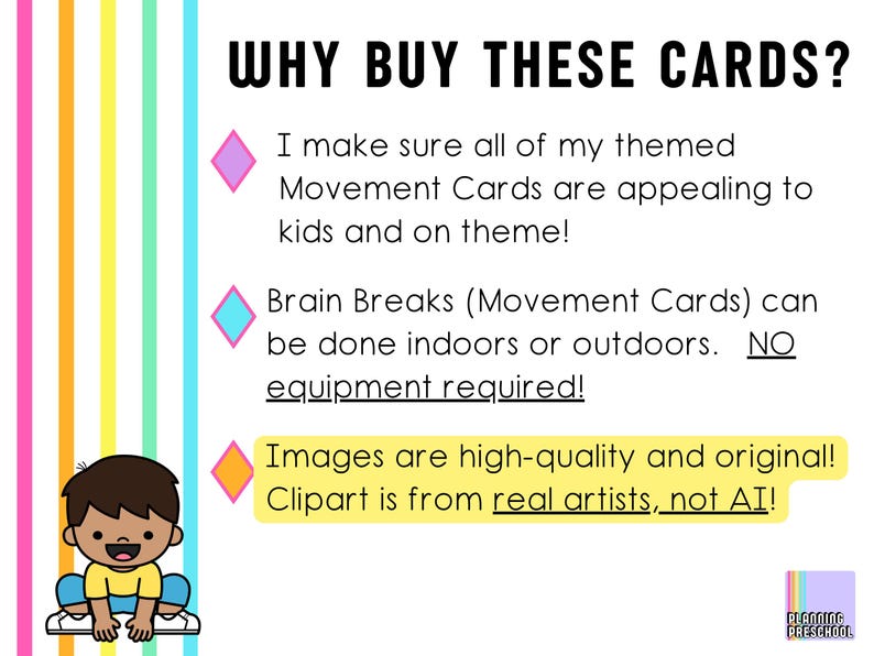 May include: A colorful graphic with the text "WHY BUY THESE CARDS?" and bullet points about movement cards. The image includes a cartoon child and the text "Images are high-quality and original! Clipart is from real artists, not AI!"