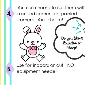 May include: A white cartoon bunny with a pink bow tie and a cloud-shaped text bubble that says "Do you like it Rounded or Sharp?" The text also says "Use for indoors or out. NO equipment needed!"