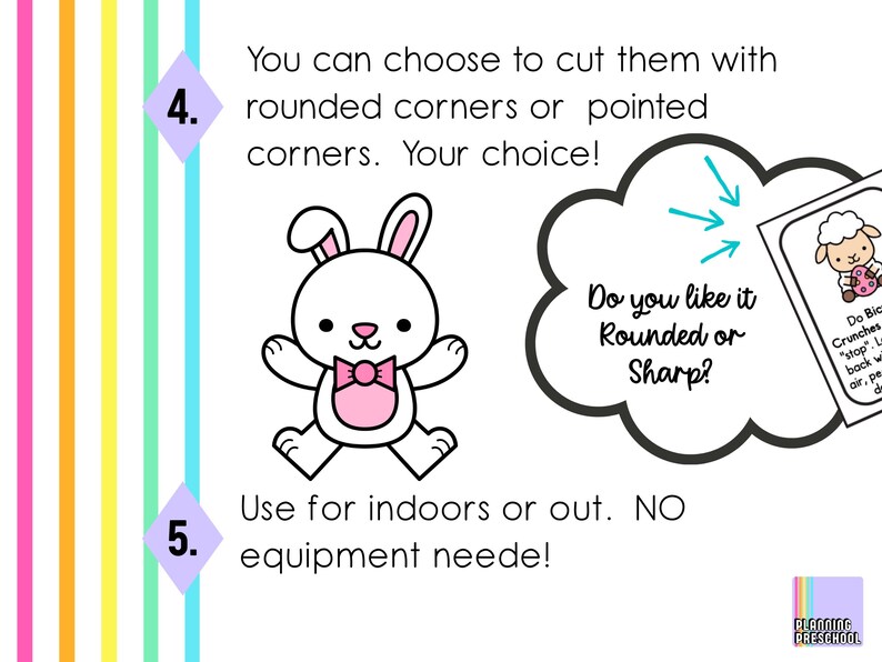 May include: A white cartoon bunny with a pink bow tie and a cloud-shaped text bubble that says "Do you like it Rounded or Sharp?" The text also says "Use for indoors or out. NO equipment needed!"