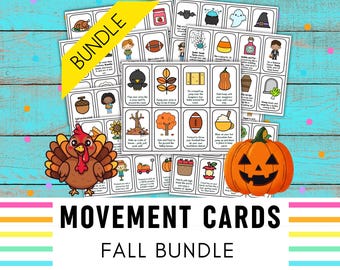 Fall Movement Cards BUNDLE | Halloween Autumn Thanksgiving Brain Breaks | Kids Exercise Cards | 72 Printable Movement Cards | Simon Says