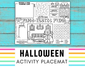 Afdrukbare Halloween-placemat | Placemat Halloween-activiteit | Halloween kleurplaat | Halloween-werkblad | Kleurplaat vampier | Feestje