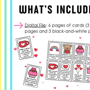 May include: Digital file with Valentine's Day activity cards. The cards include colorful illustrations and text prompts for various actions, such as clapping hands, giving a hug, and pretending to catch balloons. The text "WHAT'S INCLUDED" is at the top.