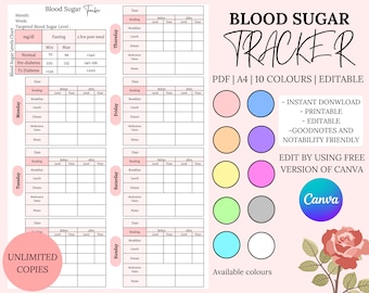 May include: A printable blood sugar tracker in PDF format. The tracker is designed for a week and includes sections for daily blood sugar readings, fasting levels, and post-meal levels. The tracker is available in 10 colours and is editable using Canva.