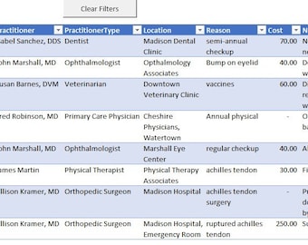 May include: A table showing a history of medical records with columns for date, patient, subject, practitioner, practitioner type, location, reason, cost, and notes.