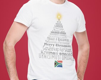 South African Christmas T Shirt 11 languages tree with South African flag