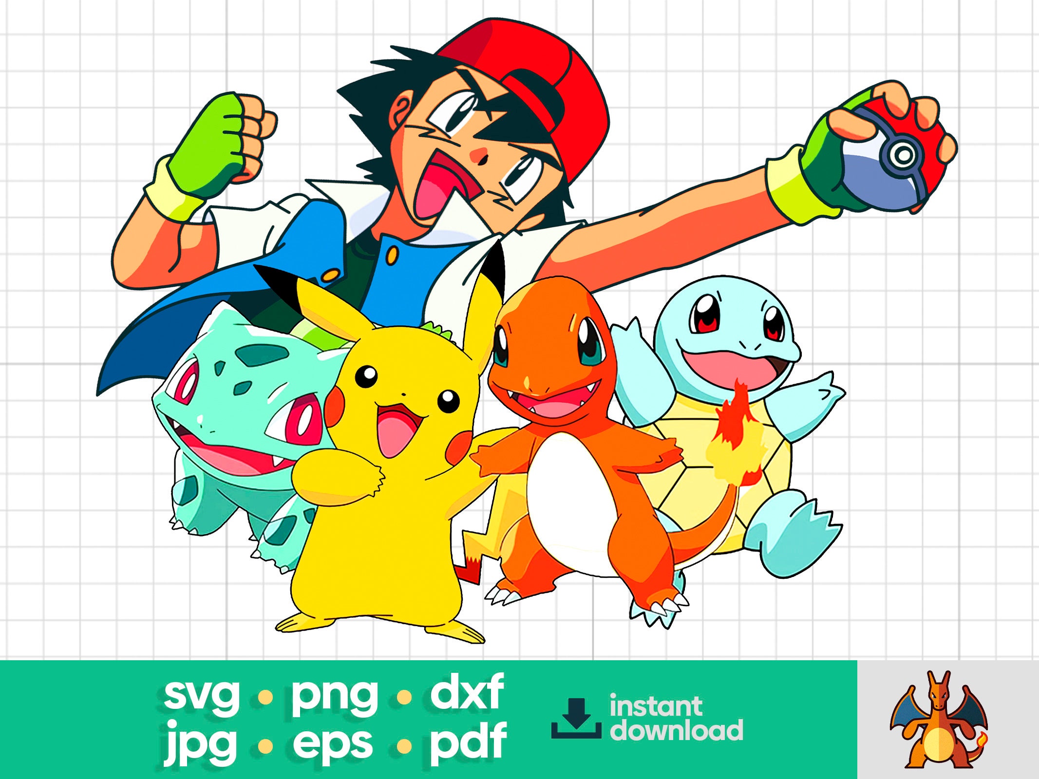 Pokemon Vector File Kawaii Pikachu Charmander Bulbasaur Squirtle Svg Pdf  Eps Dxf Instant Download