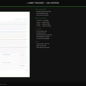 Op de afbeelding: Een digitale habit tracker PDF, getiteld "HABIT TRACKER - DEV EDITION", met secties voor het volgen van gewoonten, een 31-dagen checklistraster en sprintreflecties. Het document staat op een zwarte achtergrond met groene accenten.