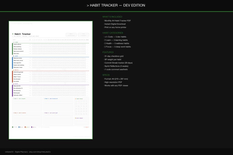 Op de afbeelding: Een digitale habit tracker PDF, getiteld "HABIT TRACKER - DEV EDITION", met secties voor het volgen van gewoonten, een 31-dagen checklistraster en sprintreflecties. Het document staat op een zwarte achtergrond met groene accenten.