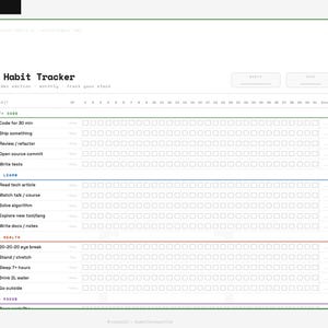 Op de afbeelding: Een afdrukbare habit tracker met een minimalistisch ontwerp. Het document is voornamelijk wit met groene, blauwe, rode en paarse accenten. De tekst bevat secties voor coderen, leren, gezondheid en focus.
