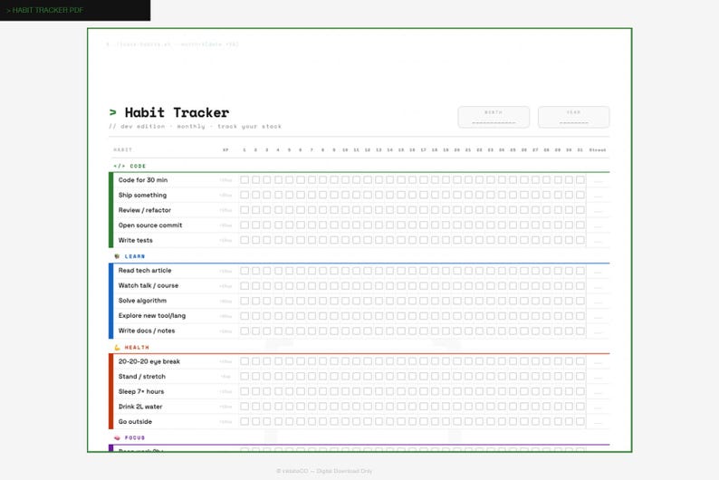Op de afbeelding: Een afdrukbare habit tracker met een minimalistisch ontwerp. Het document is voornamelijk wit met groene, blauwe, rode en paarse accenten. De tekst bevat secties voor coderen, leren, gezondheid en focus.