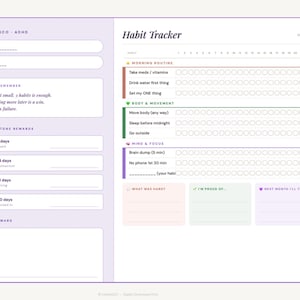 May include: A lilac-colored habit tracker with sections for month, year, and daily routines. Includes prompts for morning routines, body movement, and mind focus. Features a section for milestone rewards and a space for personal rewards.