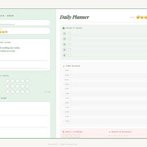 Könnte beinhalten: Ein digitaler Tagesplaner im Mintgrün- und Weiß-Design. Der Planer enthält Abschnitte für Aufgaben, Zeitblöcke, Stimmungsverfolgung und Energielevel. Der Text "Daily Planner" steht oben, und "INKLABSCO - ADHD" steht oben links.