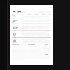Op de afbeelding: Een witte habit tracker met een zwarte en groene zijbalk. De tracker bevat secties voor dagelijkse gewoonten, met selectievakjes voor elke dag van de maand. De tekst "Habit Tracker" staat bovenaan.