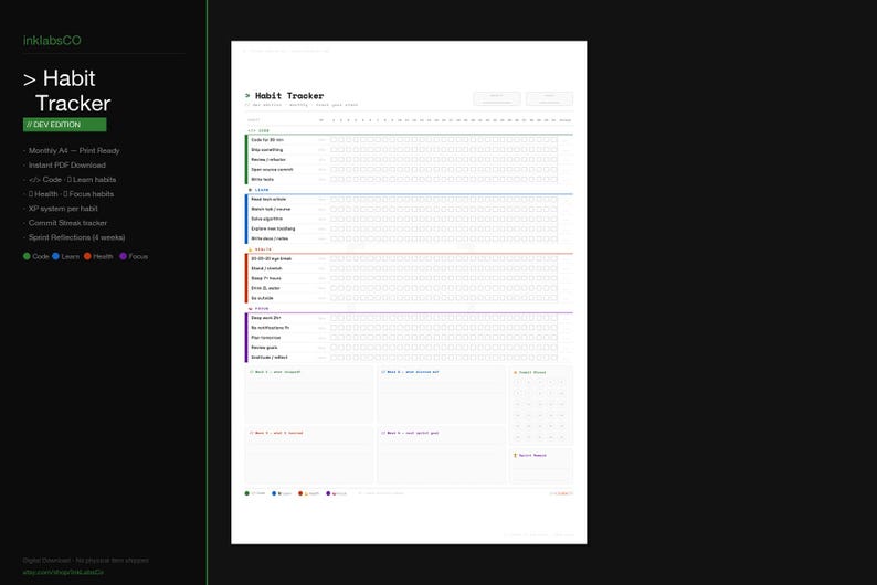 Op de afbeelding: Een witte habit tracker met een zwarte en groene zijbalk. De tracker bevat secties voor dagelijkse gewoonten, met selectievakjes voor elke dag van de maand. De tekst "Habit Tracker" staat bovenaan.