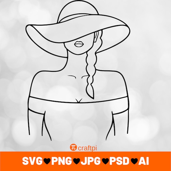 Femme avec chapeau contour Svg - Fichiers coupés pour Cricut - Silhouette - Vecteur