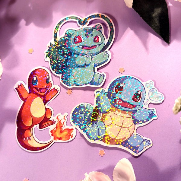 Gen 1 Starter Hugs! Bulbasaur Squirtle & Charmander Holographic Stickers