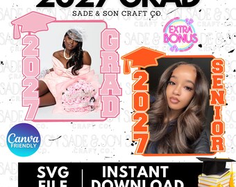 Peut inclure: Un fichier de conception numérique avec le texte 2027 GRAD et SADE & SON CRAFT CO. Il comprend deux cadres photo avec des icônes de toque de diplômé, un rose et un orange, avec le texte 2027, GRAD et SENIOR. Inclut le texte Canva Friendly et SVG FILE INSTANT DOWNLOAD.