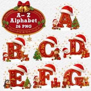 以下が含まれることがあります： サンタ帽をかぶった文字A～Gが特徴の、お祝いのクリスマスアルファベットセット。文字は赤色で、雪の結晶、クリスマスツリー、ジンジャーブレッドマンなどの装飾要素が施されています。画像には「A-Z Alphabet 26 PNG」という文字が含まれています。