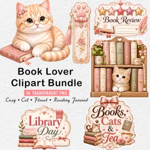 May include: A digital clipart bundle with a book lover theme. The image features a tabby cat wearing glasses, a bookshelf, a bookmark, and other elements. Text includes "Book Lover Clipart Bundle", "Cozy Cat Floral Reading Journal", "Library Day", and "Books, Cats & Tea".