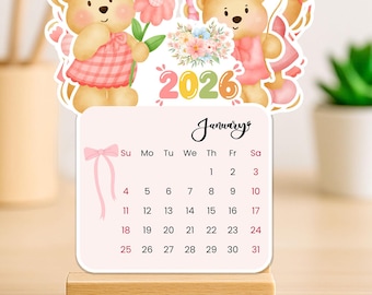 2026 Cute Bear Desk Calendar for Girls | Printable 12 Month Calendar, Pastel Teddy Bear Decor, Kawaii Desk Accessory, Instant Download