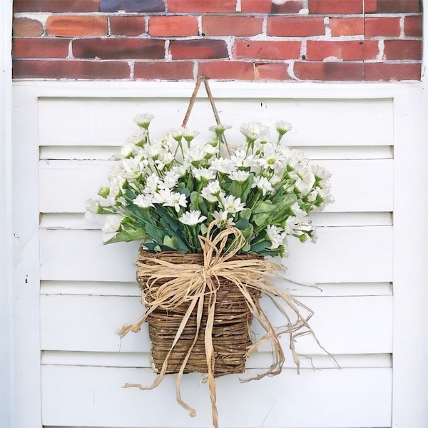 Handmade Artificial Wildflower Basket Wreath | Unique Home Decor | Cream Flowers | Greenery | Door Wreaths UK | Indoor & Outdoor Wreath