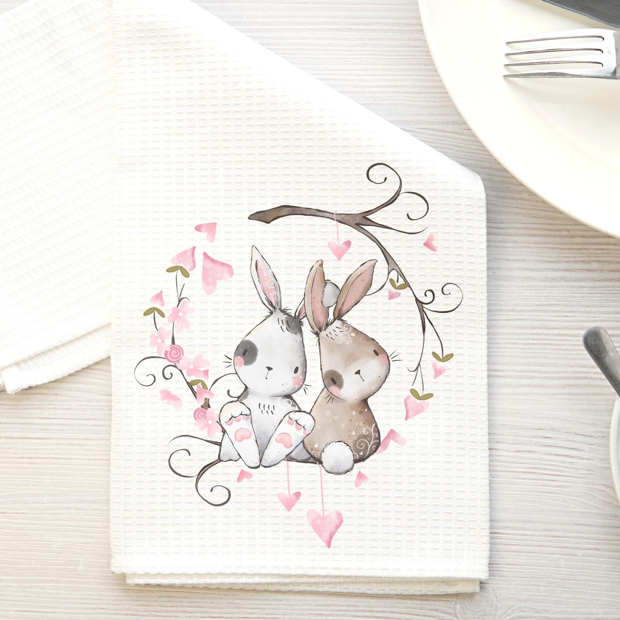 NEW ANTHROPOLOGIE HOME You & Me Bunny Rabbit Couple Tea Dishtowel Wedding Gift 