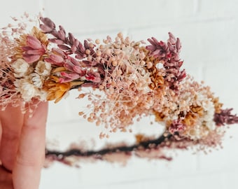 Full Dried Flower Crown | Wedding Floral Crown | Head Wreath | Boho Dried Preserved Crown | Ribbon Dried Crown | Bridal Head Wedding Florals