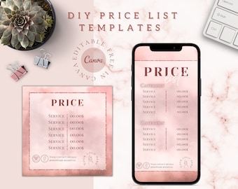 Instagram Price List template| Canva Editable Product Menu| Beauty client service|Rose gold social media template|Digital price guide design