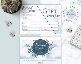 Floral Gift Certificate template| Editable Canva Gift Voucher design| Printable Gift Card| Digital DIY Business card| Client brand templates