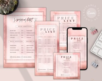 DIY Price List Template| Services Price Guide Flyer| Rose Gold Price List Canva| Beauty Salon Price Catalogue| Editable Instagram Price List