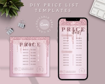 Instagram Price List template| Canva Editable Service List| Beauty Salon Menu| Pink Glitter Social Media Template|Digital Price Guide Design