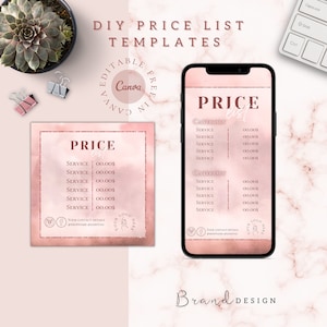 Modelo de lista de preços do Instagram | Menu de produto editável do Canva | Atendimento ao cliente de beleza|Modelo de mídia social em ouro rosa|Design de guia de preços digital