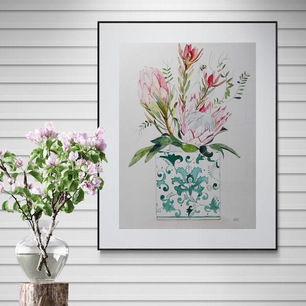 Green square pot with proteas, Watercolour Painting - Print