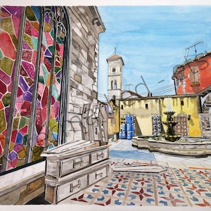 May include: Watercolor painting of a colorful stained glass window, a stone building, and a fountain in a courtyard. The fountain is surrounded by a stone wall and a tiled floor. There are several wooden chests in the foreground.