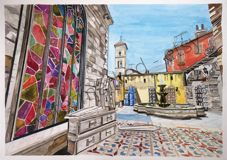 May include: Watercolor painting of a colorful stained glass window, a stone building, and a fountain in a courtyard. The fountain is surrounded by a stone wall and a tiled floor. There are several wooden chests in the foreground.