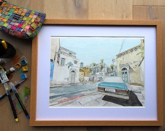 de_Dust2 A Site Long Car Watercolor Painting – Counter-Strike Gamer Print