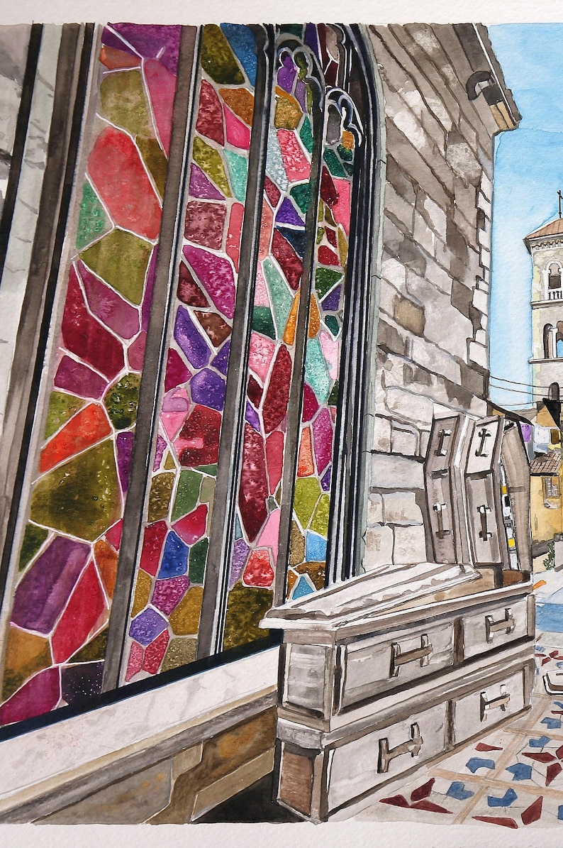 May include: Watercolor painting of a building with a stained glass window, a stone wall, and a wooden chest with drawers. The stained glass window is made up of many small, colorful pieces of glass. The stone wall is rough and textured. The wooden chest is painted a light brown color and has three drawers. The chest is sitting on a tiled floor.