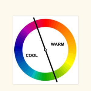 May include: A color wheel divided into warm and cool colors. The warm colors are on the right side of the wheel and the cool colors are on the left side of the wheel. The text "WARM" is written in black on the right side of the wheel and the text "COOL" is written in black on the left side of the wheel.