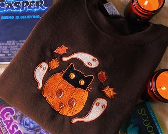 Spooky Black Cat & Autumn Leaves Embroidered Sweatshirt | Pumpkin, Ghouls, Witchy Gift