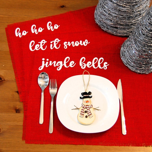 Christmas Burlap Jute Placemats set of 2-8, Custom Xmas Dinner Mats, Rustic Table Decoration, Red Farmhouse Unique Coaster Doily, Santa