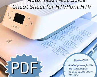 Aide-mémoire pour le guide de la chaleur de la presse automatique PDF pour le matériau HTVRont HTV, paramètres de température pour le guide du débutant, durée du repassage sur le HTV Description